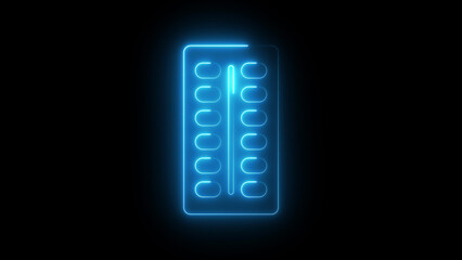 Neon capsule strip icon glowing medicine blister pack symbol, digital pharmaceutical drug graphic, bright healthcare medical pill packaging interface for pharmacy, treatment and health service