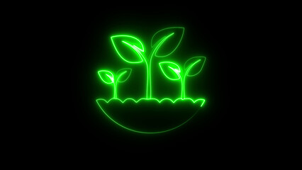Neon green seedlings planted in a field on black background, glowing young plants growth concept, digital agriculture and sustainability symbol, eco farming sprout graphic, futuristic nature