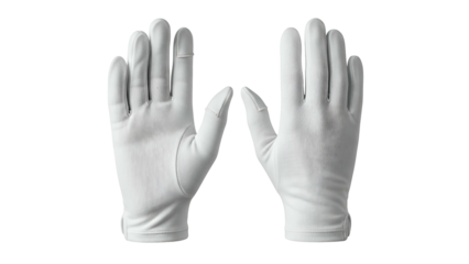 Pair of pristine white dress gloves displayed against a solid black background