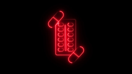 Neon capsule strip icon glowing medicine blister pack symbol, digital pharmaceutical drug graphic, bright healthcare medical pill packaging interface for pharmacy, treatment and health service