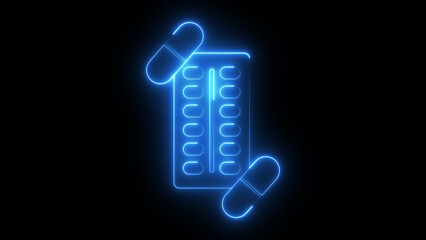 Neon capsule strip icon glowing medicine blister pack symbol, digital pharmaceutical drug graphic, bright healthcare medical pill packaging interface for pharmacy, treatment and health service