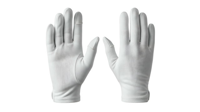 Pair of pristine white dress gloves displayed against a solid black background
