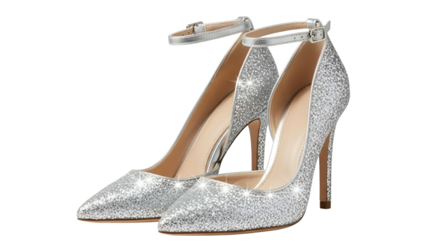 Elegant pair of pointed toe high heeled shoes covered in shimmering silver glitter isolated on black background