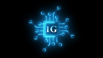 Neon 1G chip circuit icon glowing mobile network symbol, digital communication technology chipset graphic, bright electronic board interface for wireless connectivity and telecom system