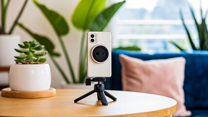 Smartphone on tripod in home interior setting used for content creation and recording
