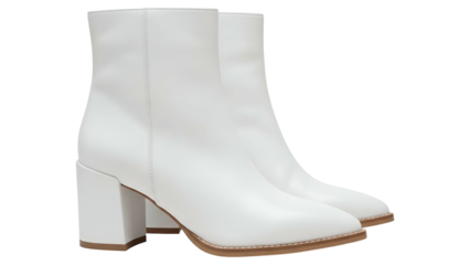 Contemporary pair of white leather ankle boots with chunky heels displayed against a dark background