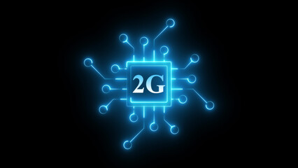 Neon 2G circuit icon glowing telecom network symbol, digital communication technology sign, bright electronic chipset interface graphic for mobile connectivity, wireless signal system