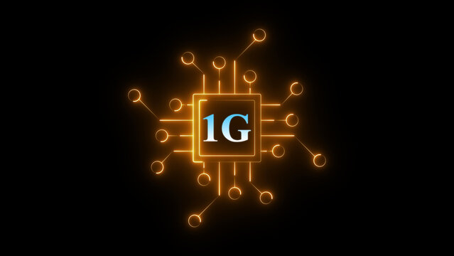 Neon 1G chip circuit icon glowing mobile network symbol, digital communication technology chipset graphic, bright electronic board interface for wireless connectivity and telecom system