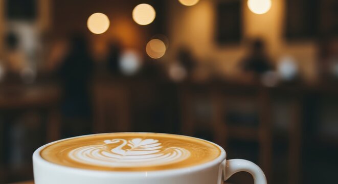 Close up view of hot beverage in a ceramic cup featuring intricate milk foam design