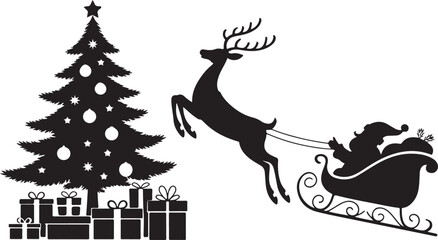 Santa Claus in sleigh with reindeer passing a Christmas tree silhouette. Festive holiday scene with Santa's ride gift boxes and a decorated fir tree. Winter vector illustration