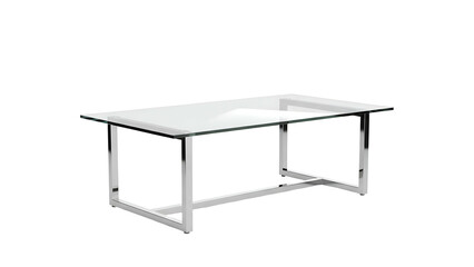 Modern rectangular dining table featuring a clear glass top and polished metal frame isolated on black