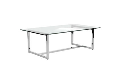 Modern rectangular dining table featuring a clear glass top and polished metal frame isolated on black