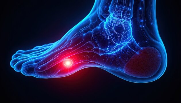 Foot pain anatomy with glowing neural network, highlighting plantar fasciitis or metatarsalgia for medical, healthcare, and orthopedic contexts