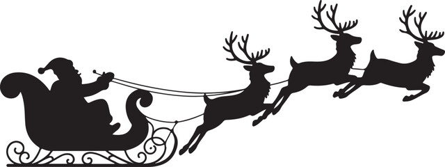 Santa Claus is flying in sleigh with Christmas reindeer. Silhouette of Santa Claus, sleigh with Christmas presents and reindeer