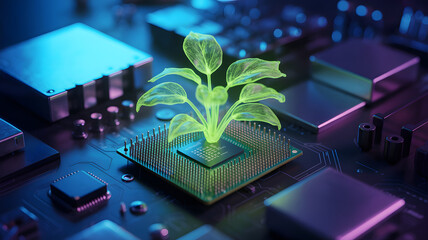 Green technology concept with plant growing from a computer chip, symbolizing innovation and sustainable technology for eco friendly solutions