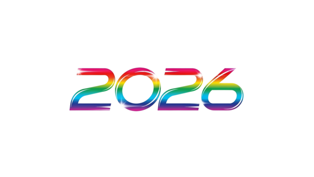 Year two thousand twenty six displayed with vibrant, multicolored luminous characters against a dark background