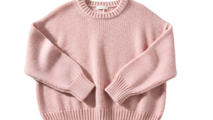 Knitted garment features a soft pink hue and ribbed cuffs against a dark background