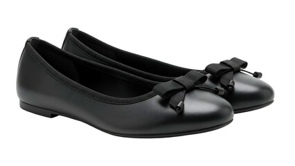 Pair of black leather ballet flats with decorative bows displayed against a solid dark background