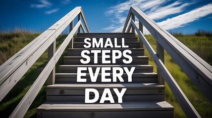 Inspirational Quote Small Steps Every Day on Wooden Stairs in Outdoor Landscape
