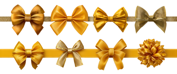 Set of satin decorative golden bows with horizontal yellow ribbon isolated on white background. Vector gold bow and gold ribbon