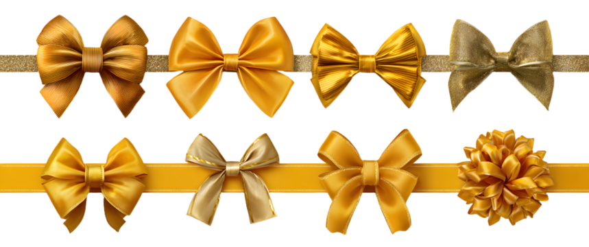 Set of satin decorative golden bows with horizontal yellow ribbon isolated on white background. Vector gold bow and gold ribbon