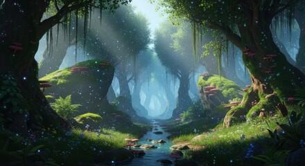 Enchanted forest with a stream, lush greenery, and ethereal light filtering through the trees.