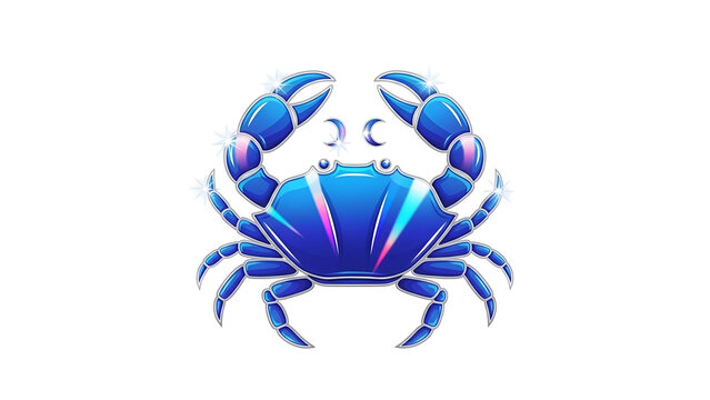 Stylized illustration depicts a brilliant blue crustacean representing an astrological symbol against a dark backdrop