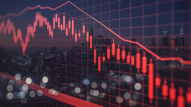 Dramatic stock market crash visualized over city skyline, depicting financial recession and economic downturn, suitable for business and finance news - Powered by Adobe