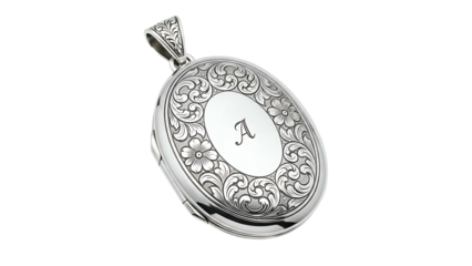 Ornate oval silver locket pendant featuring intricate floral engraving and a central monogram letter