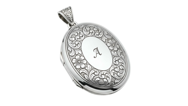 Ornate oval silver locket pendant featuring intricate floral engraving and a central monogram letter