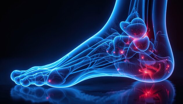 Explore the human foot anatomy with this stunning futuristic visualization showcasing bones, joints, and potential pain points in vibrant blue and red hues - Powered by Adobe