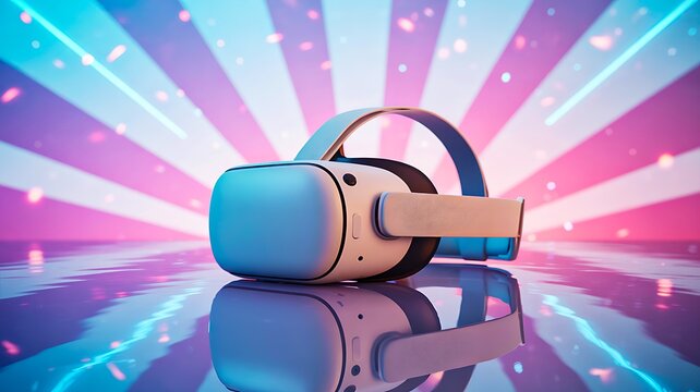 Virtual reality headset on reflective surface with colorful futuristic background
