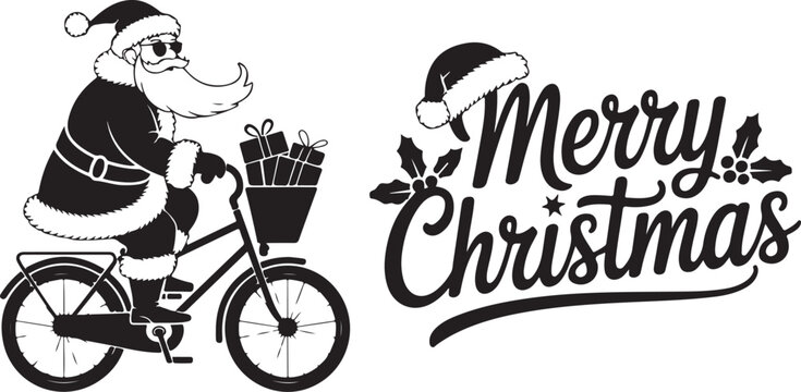 Santa Claus riding a bicycle and Merry Christmas typography vector silhouette set. Funny holiday character with gifts