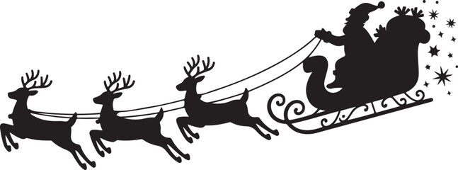 Fototapeta premium Santa Claus Silhouette in sleigh full of gifts with reindeers. Merry christmas and Happy new year decoration. Vector on transparent background