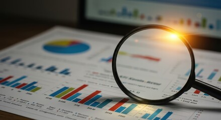 Magnifying glass focusing closely on printed financial performance reports with visible charts and graphs