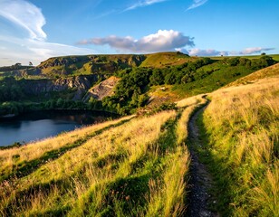 Naklejka premium A winding dirt path through golden grasses toward a green hillside