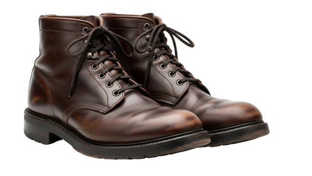 Sturdy leather lace up work boots display rich brown texture against a solid black background