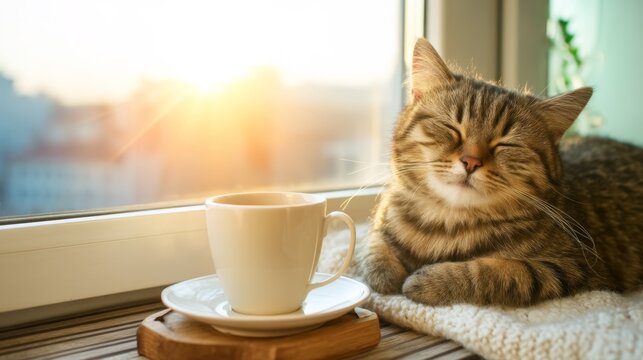 Young man working from home with cat, dog, Serene Moment of a Freelancer: Break Time with Tea, Cat Nap, and Sunlight