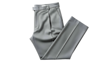 Formal gray dress trousers are neatly folded against a solid black background