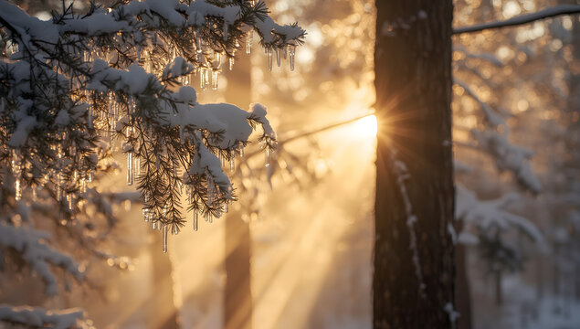 A snow covered tree branch with snow on it. The tree branch is bare and has no leaves with beautiful sunrise in the background. The image has a peaceful and serene mood. Generative AI - Powered by Adobe