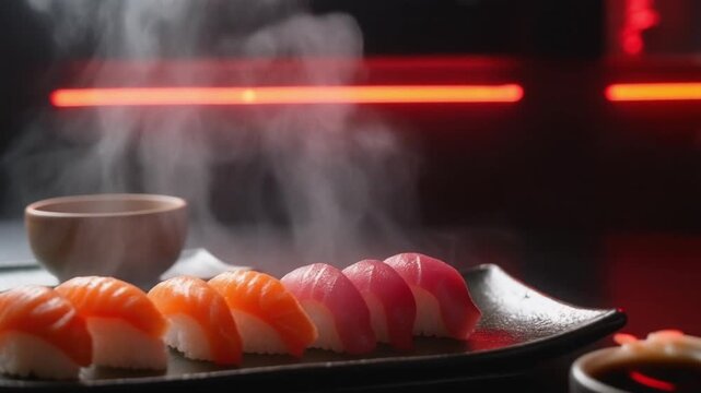 Steaming Sushi Platter with Salmon and Tuna Nigiri