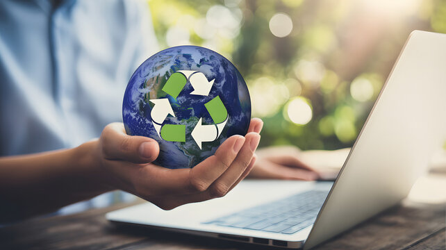 Eco-conscious digital nomad embodies sustainable lifestyle with earth globe and laptop for remote work, ideal for green initiatives and responsible business - Powered by Adobe