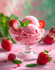 Strawberry ice cream in a glass cup with fresh berries