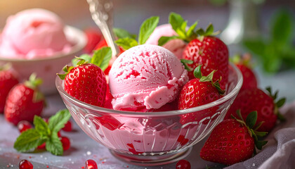 Strawberry ice cream in a glass cup with fresh berries