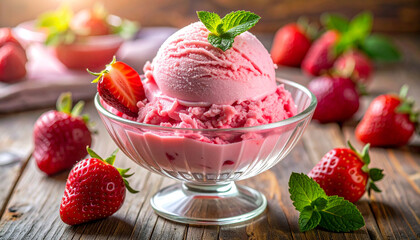Strawberry ice cream in a glass cup with fresh berries