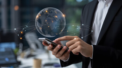 Sophisticated businessman connecting globally with phone, visualizing digital world, futuristic modern business, seamless communication and international networking