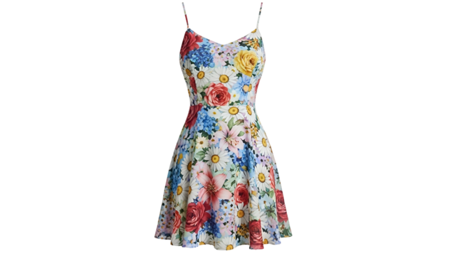 Sleeveless sundress featuring a vibrant and colorful all-over floral print displayed against a black background