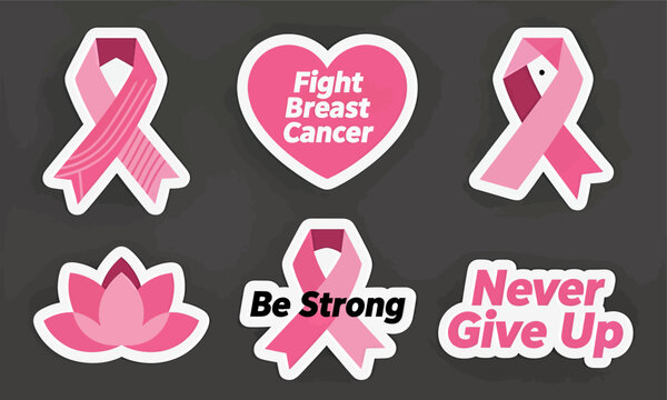 Breast cancer awareness ribbon stickers, motivational messages, flat design