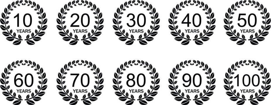 Anniversary laurel wreath icon set isolated on white background. 1, 3, 5, 10, 20, 30, 40, 50, 100 years. Template for award and congratulation design. Vector illustration.