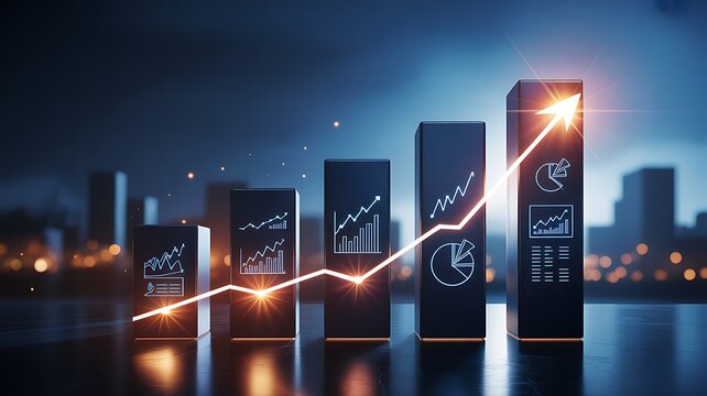 Business Growth Chart with Rising Line and Glowing Financial Analytics in Dark Modern Setting
